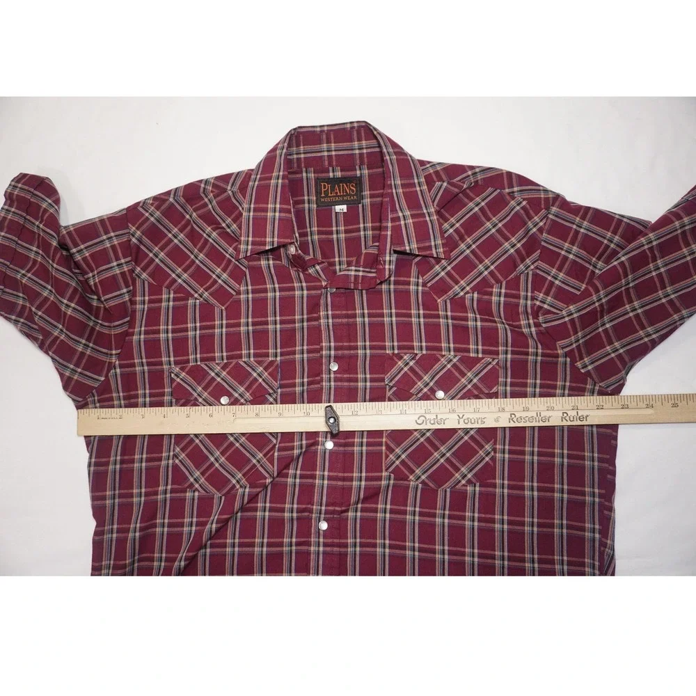 Plains Medium Burgundy Plaid Short Sleeve Pearl Snap Western Shirt